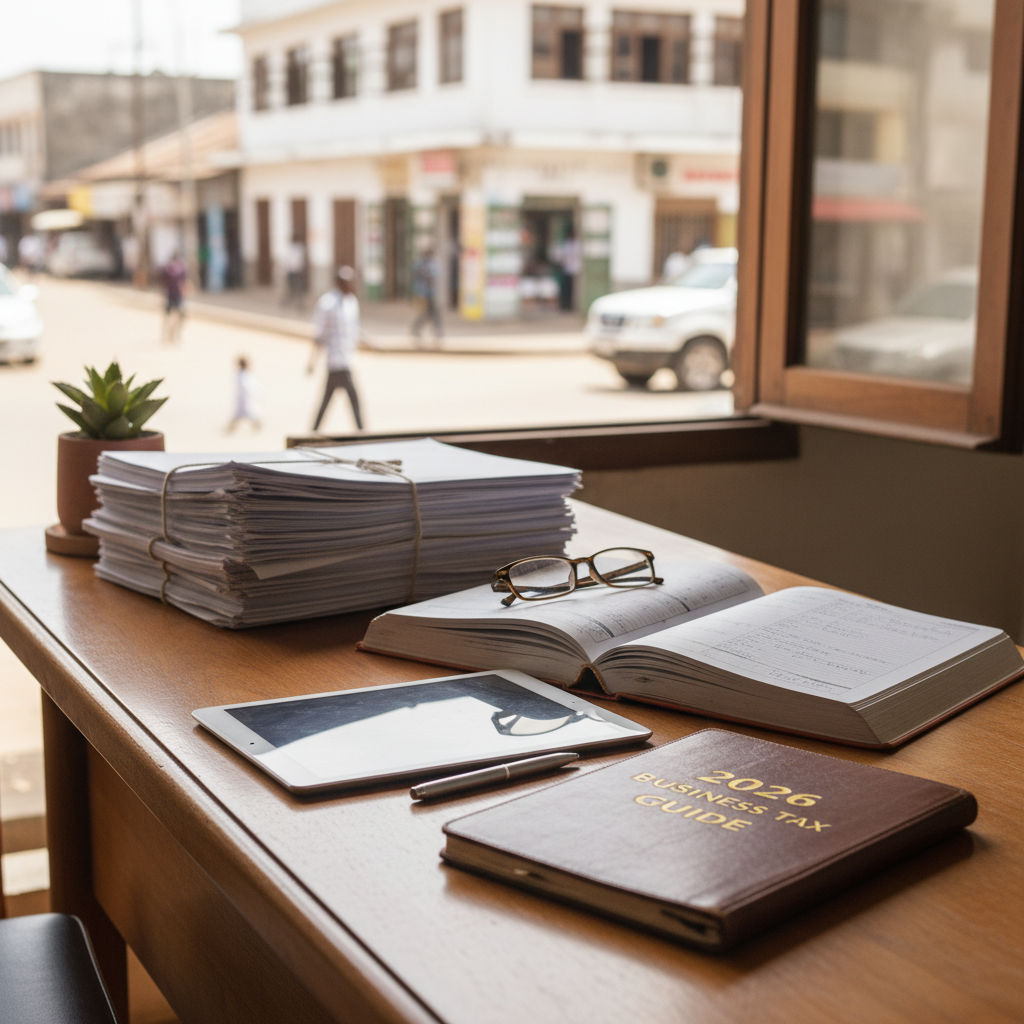 A Tanzanian business owner organizing files and reviewing tax schedules on a laptop in a modern Dar es Salaam office.