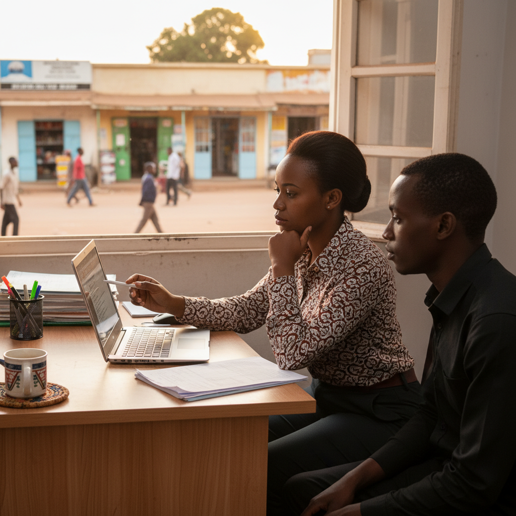 Tanzanian finance professional filing a VAT return on the TRA Taxpayer Portal inside a modern Dar es Salaam office.