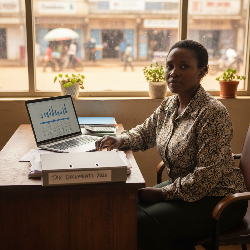 Professional modern office desk in Dar es Salaam with payroll spreadsheets, representing PAYE calculation.