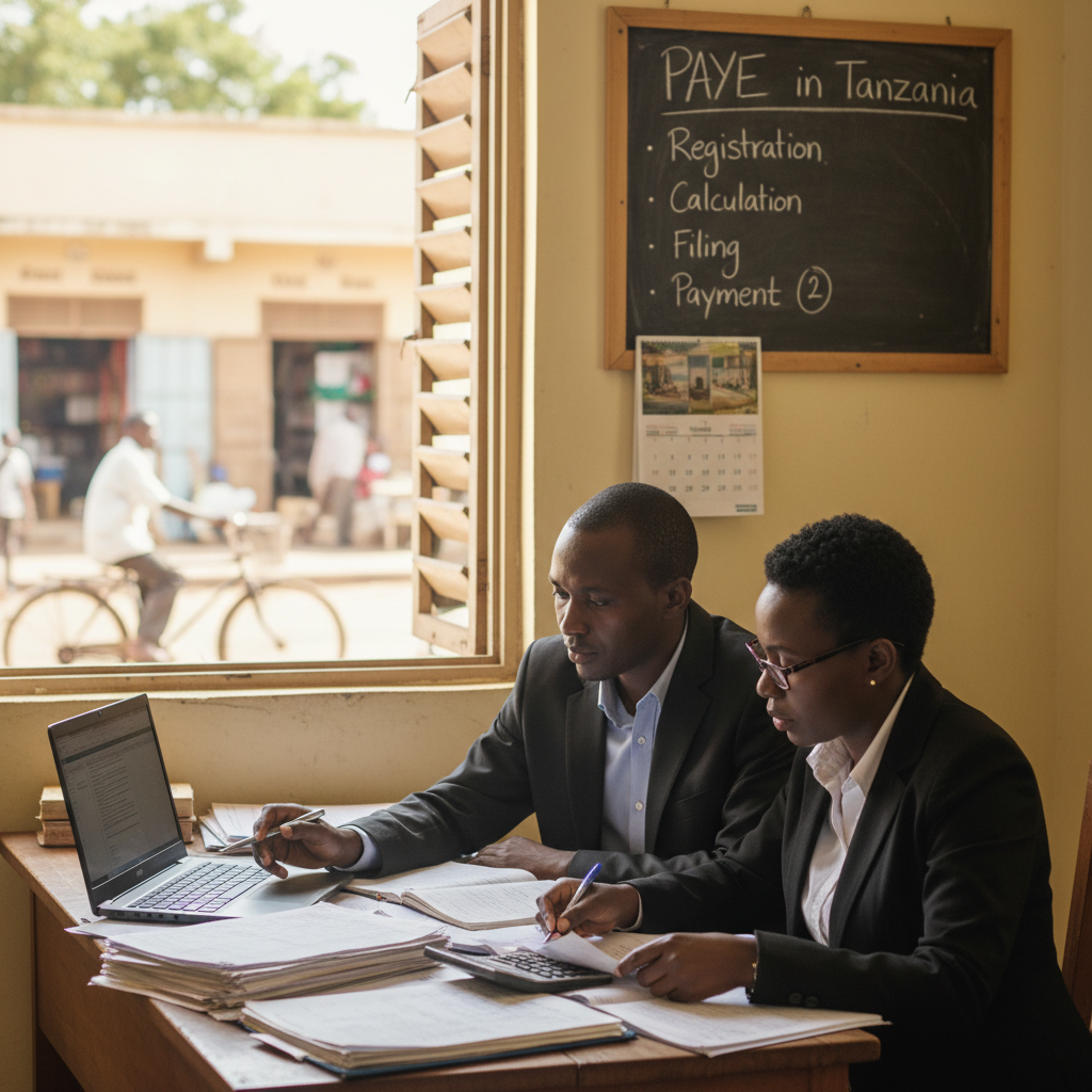 Tanzanian professional review of tax filings on a clean desk