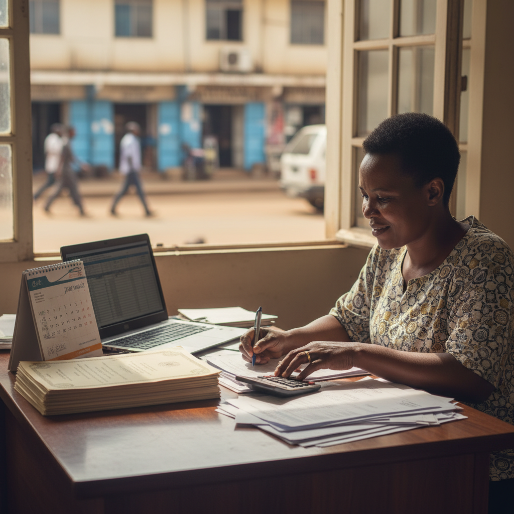 A professional corporate accountant working on company tax schedules in a Dar es Salaam business office.
