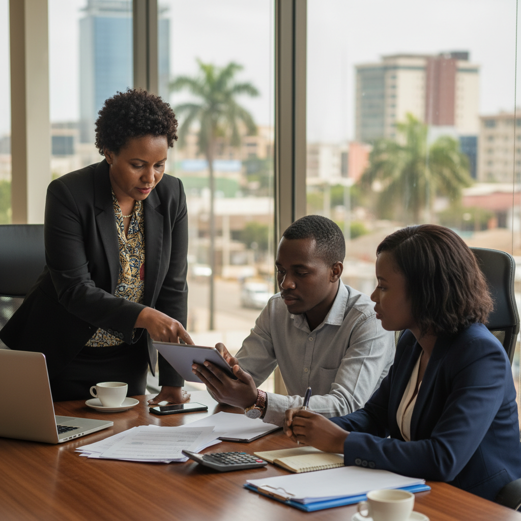 A professional office desk setting in Dar es Salaam with files, calculators, and stationery ready for a tax reconciliation.